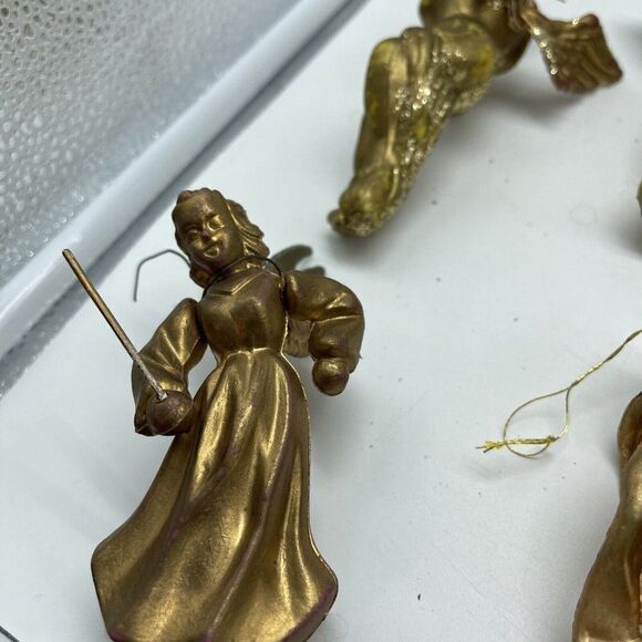Vintage Cherub Gold Angel Ornaments Set of 8 Playing Instruments Painted Plastic - Picture 7 of 12